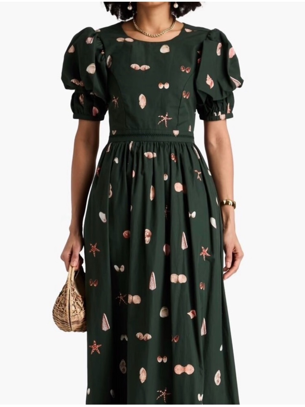 Agua by Agua Bendita Dark Green Maxi Dress with Coral Shell Print S NWT